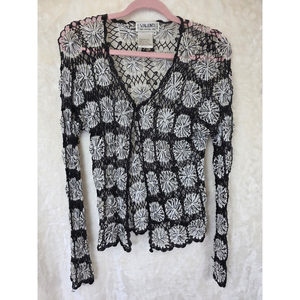 Valenti Rome‎ New York Paris Black White Floral Crochet Open Knit Cardigan M
